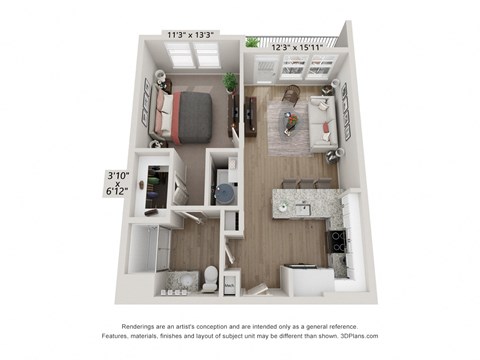 Floor plan for 1 bed, 1 bath, 658 sqft